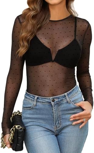 Sexy Tops for Women Lace Long Sleeve Tops Trendy Summer Mesh in Black Dots