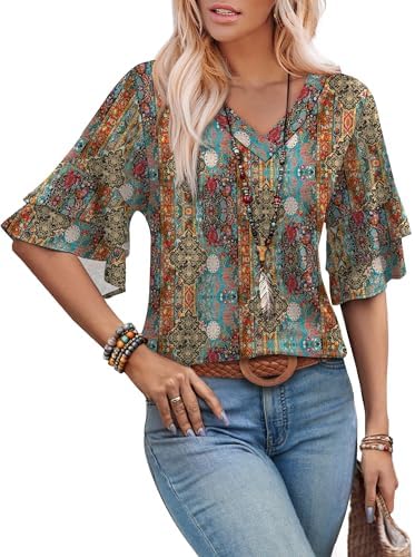 Shirts for Women Boho 3/4 Length Sleeve Womens Tops Casual in Figure