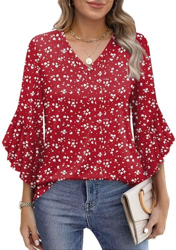 Shirts for Women Dressy Casual V Neck Women's Tops 3/4 Sleeve in G-red Dots