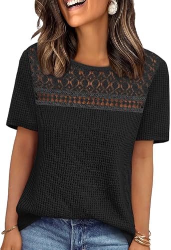 Shirts for Women Short Sleeve Crochet Lace Tops Dressy Casual in Black