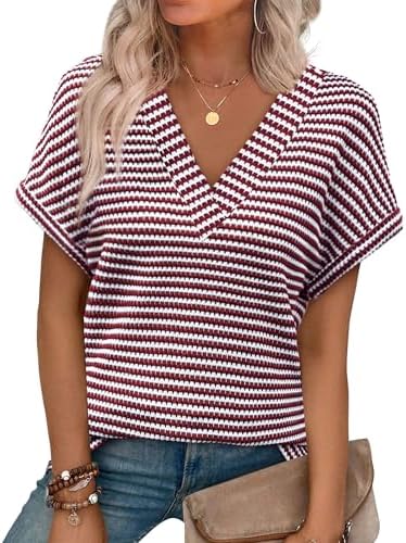Short Sleeve Shirts for Women Striped Christmas Sweaters Red in Red Stripe