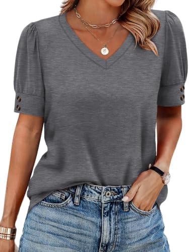 Short Sleeve Shirts for Women Summer Tops V Neck T Shirts in Dark Grey