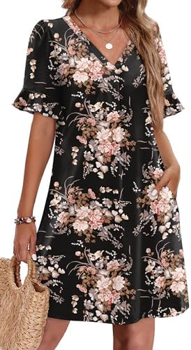 Spring Dresses for Women 2026 Casual Summer Dress Short Sleeve in Pattern Black Floral