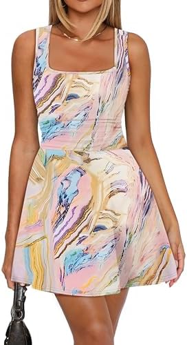 Spring Dresses for Women 2026 Square Neck Mini Sun Dress Beach in Print Pink