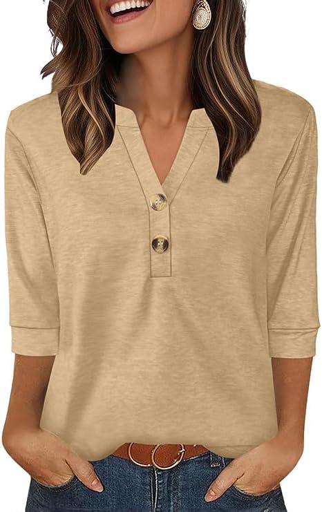 Spring Outfits for Women Summer Womens Shirts Trendy 3/4 Length in Beige