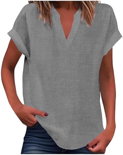 Spring Tops for Women 2026 Casual V Neck Cotton Linen Shirts