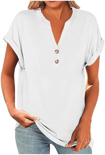 Spring Tops for Women 2026 Short Sleeve V Neck Henley Shirts in 17 White