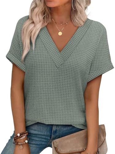 Spring Tops for Women Trendy Short Sleeve Blouses Waffle Knit