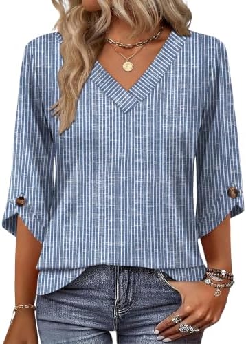 Striped Shirt Women 3/4 Length Sleeve Womens Tops Trendy in Z Blue Striped 1
