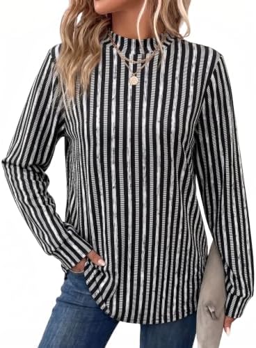 Striped Shirt Women Mock Neck Sweatshirt for Leggings Long in Black Vertical Stripes