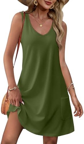 Summer Dresses for Women 2026 Loose V Neck Sleeveless Casual in B Plain Green