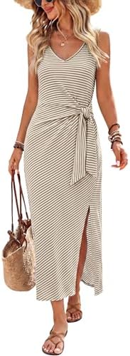 Summer Dresses for Women 2026 Sleeveless Flowy Cute Casual Midi in Striped Brown