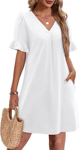 Summer Dresses for Women Flowy Ruffled V Neck Dress Vacation in 02-white