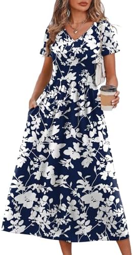 Summer Dresses for Women Flowy Short Sleeve V Neck A Line Dress in Navy White Floral