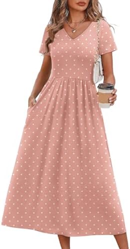 Summer Dresses for Women Flowy Short Sleeve V Neck A Line Dress in Pink Polka Dot