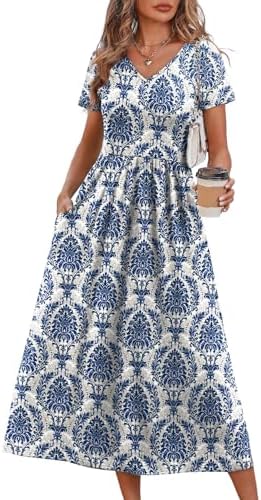 Summer Dresses for Women Flowy Short Sleeve V Neck A Line Dress in Blue Damask Print