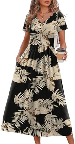 Summer Dresses for Women Flowy Short Sleeve V Neck A Line Dress in Black Beige Palm