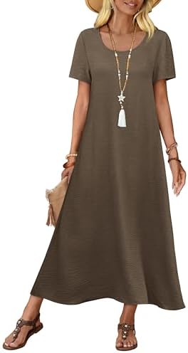 Summer Dresses for Women Maxi Linen Dress Flowy Casual Short in Coffee