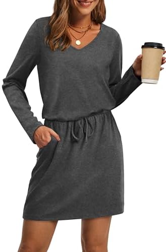 Summer Dresses for Women V Neck Long Sleeve T Shirt Casual in Grey
