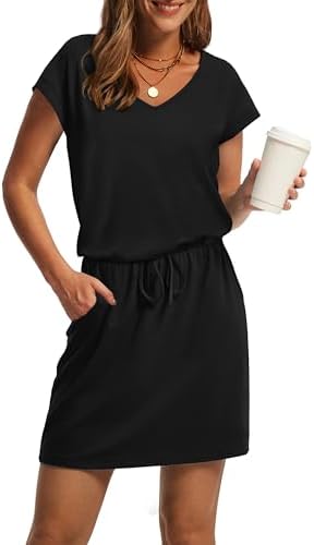 Summer Dresses for Women V Neck Short Sleeve T Shirt Casual in Black