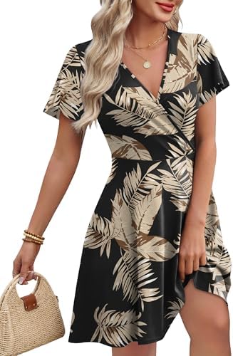 Summer Dresses for Women V Neck Wedding Guest Babydoll Dress in Black Leaf