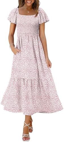 Summer Maxi Dress Square Neck Ruffle Smocked Dress Women Spring in C- Pink Print