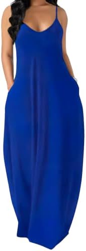 Summer Maxi Dresses for Women Loose Fit Long Dress with Pockets in Ac- Blue