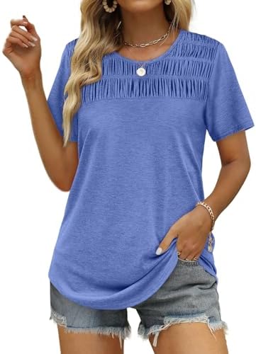 Summer Tops for Women 2025 Pleated Round Neck Tunic Tops Basics in D-blue