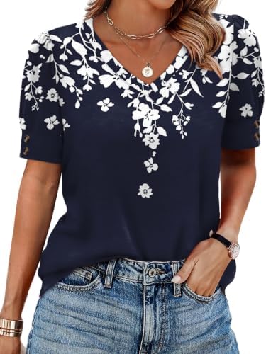 Summer Tops for Women 2026 Fashion Clothing Short Sleeve Shirts in Z-floral Navy