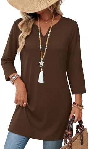 Summer Tops For Women 3/4 Length Sleeve Womens Tops Coffee L in Coffee
