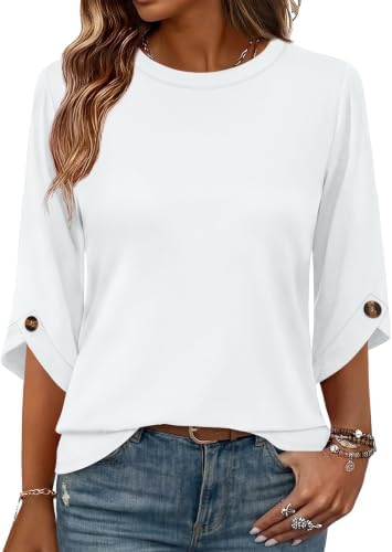 Summer Tops for Women 3/4 Sleeve Blouses Fall Fashion Work in A-white