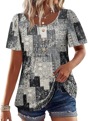 Summer Tops for Women Boho Trendy Short Sleeve Plus Size in Z-boho Black Grey