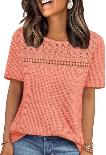 Summer Tops for Women Short Sleeve Shirts Crochet Lace Dressy in Coral