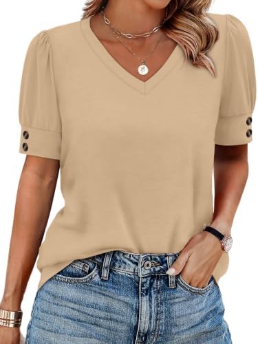 Summer Tops for Women Short Sleeve Shirts V Neck Dressy Casual in Apricot