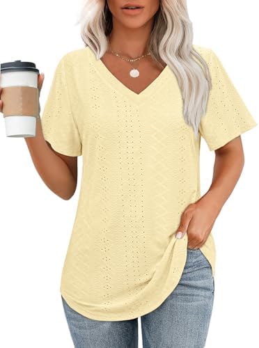 Summer Tops for Women Trendy Loose Fit V Neck Curved Hem Long T in Yellow