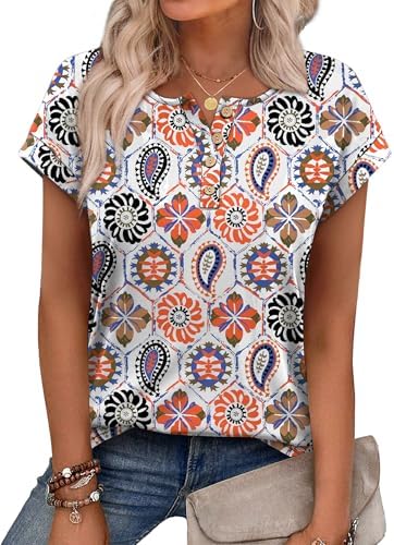 Summer Tops for Women Valentines Shirts 2026 Henley Comfort in B-boho White