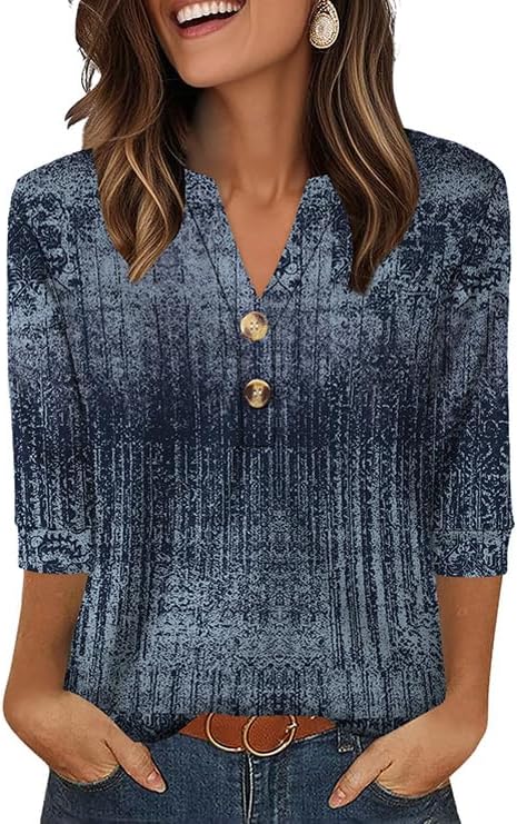 Summer Tops for Women Western Work Outfit Teacher V Neck Long in Z-boho Navy
