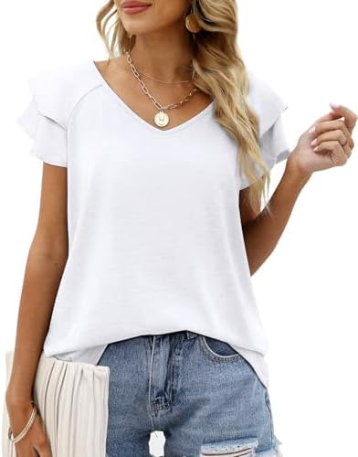 Summer Tops for Women White Short Sleeve Ruffle Womens V Neck