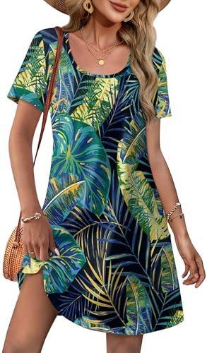 Summer Tshirts Dresses for Women 2026 Casual Square Neck Spring in G-teal Leaf