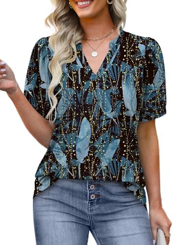Summer Tunic Tops for Women V Neck Tshirts Puff Short Sleeve in C29-firefly Blue