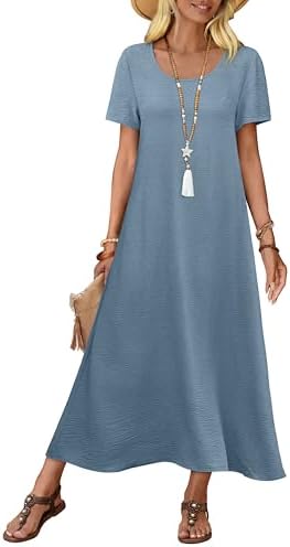 Sundresses for Women Short Sleeve Summer Linen Maxi Dress in Mist Blue
