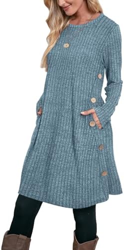 Sweater Dress for Women 2026 Long Sleeve Fall Shirts Blue 2XL in Ribbed Light Blue
