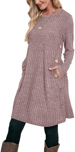 Sweater Dress for Women 2026 Long Sleeve Fall Shirts Pink in Ribbed Pink Coffee