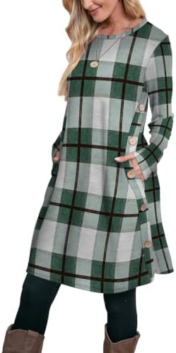 Sweater Dress for Women 2026 Long Sleeve Fall Shirts Plaid in Plaid Green