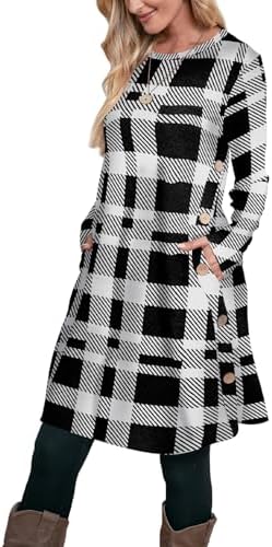 Sweater Dress for Women 2026 Long Sleeve Fall Shirts Plaid 2XL in Plaid Black and White