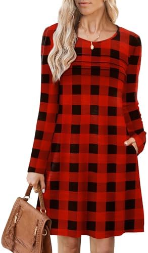Sweater Dress for Women Long Sleeve Winter Red Dresses in Red Grid