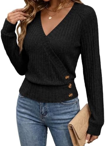 Sweaters for Women Cozy V Neck Cute Tops Fall Outfits 2026 in Black