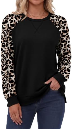 Sweatshirt for Women Crewneck Long Sleeve Tops Leopard Black L
