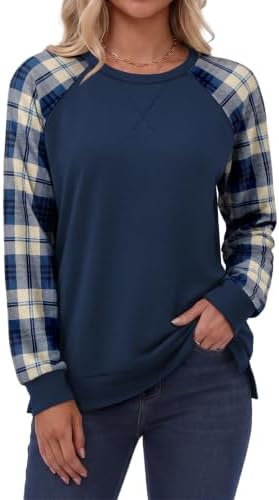 Sweatshirt for Women Crewneck Long Sleeve Tops Plaid Blue XL