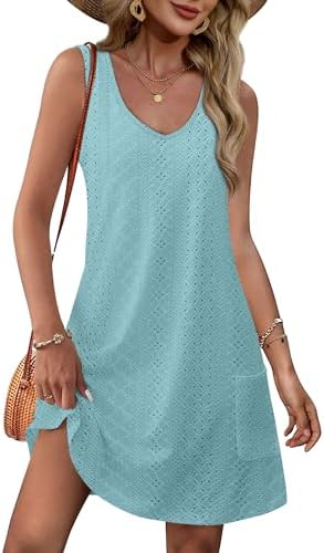 Swimsuit Coverup for Women Summer Dresses 2026 Loose V Neck in C Eyelet Blue